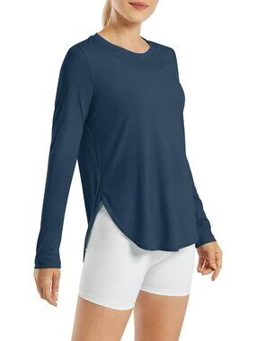 Women's Navy UPF 50+ UV Shirt Long Sleeve Workout Yoga Sun Top Quick Dry Gym